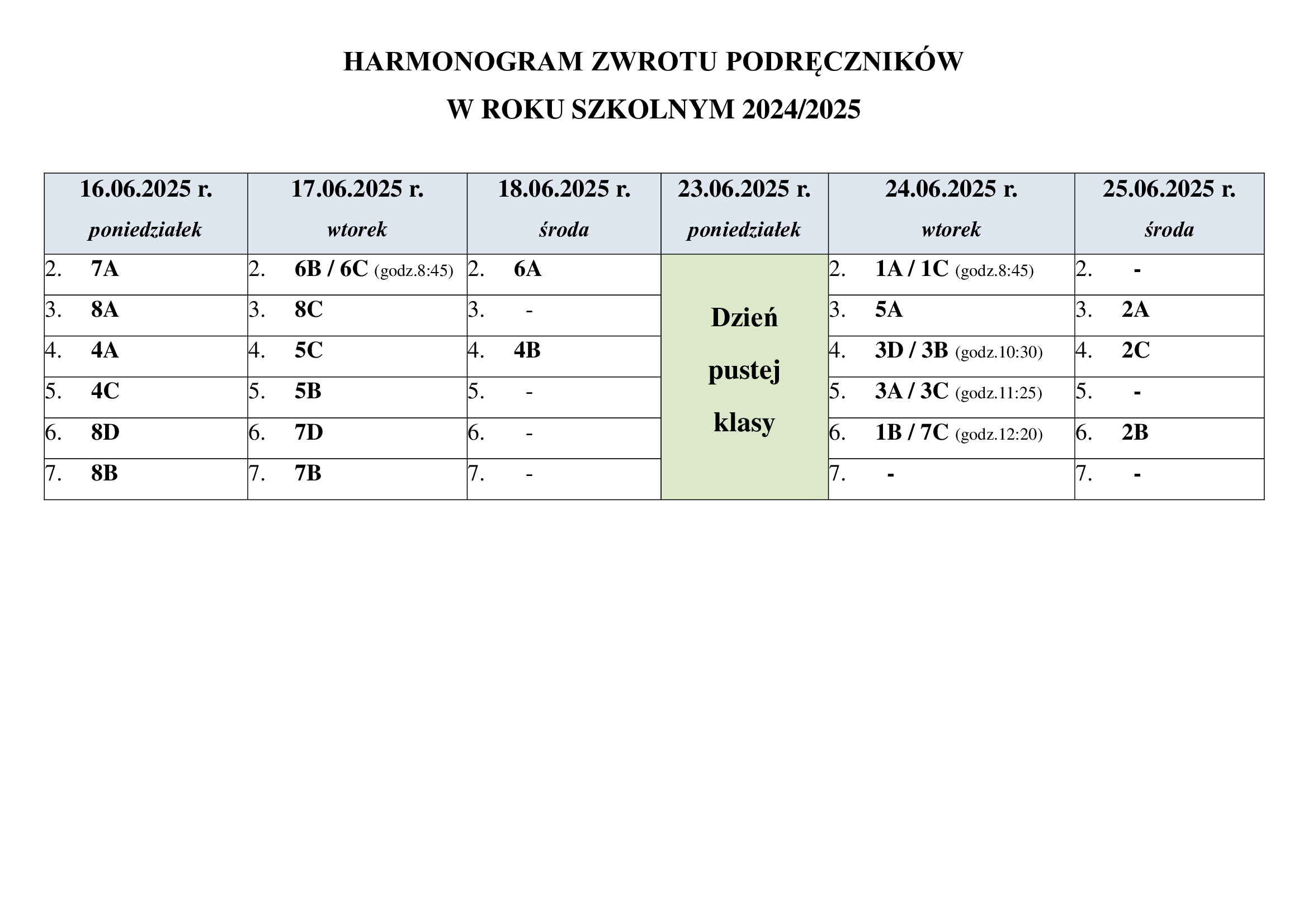 harmonogram zwrot&oacute;w