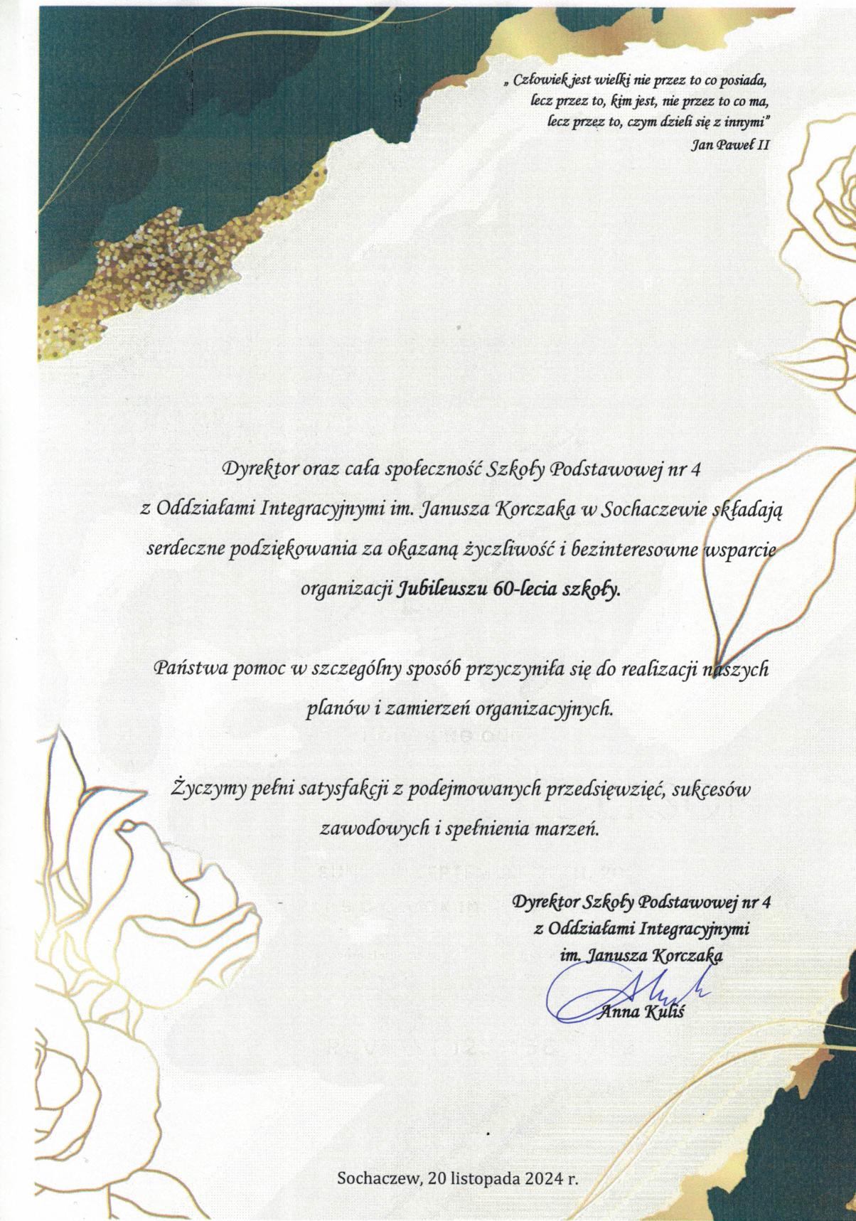 Podziekowanie dyrektora szkoły za udział i&nbsp;organizację jubileuszu szkoły