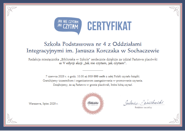 Podziękowanie dla szkoły za udział w&nbsp;akcji